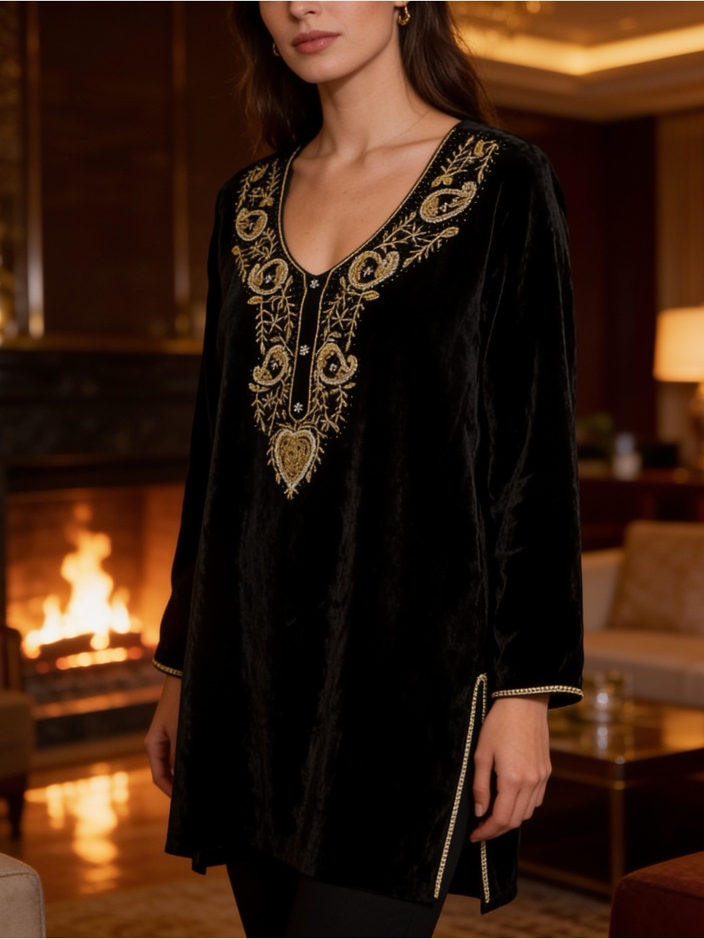 Soft Surroundings Embellished Black Velvet Top with Gold Embroidery-Large